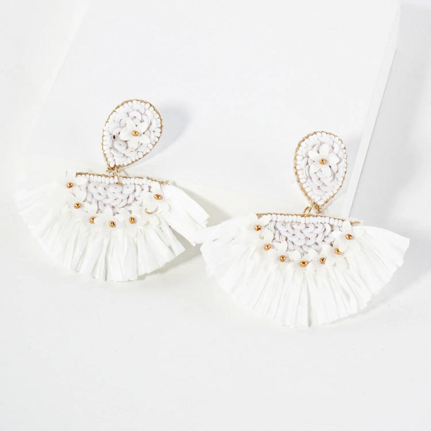 Boho Floral Raffia Fan Tassel Statement Earrings