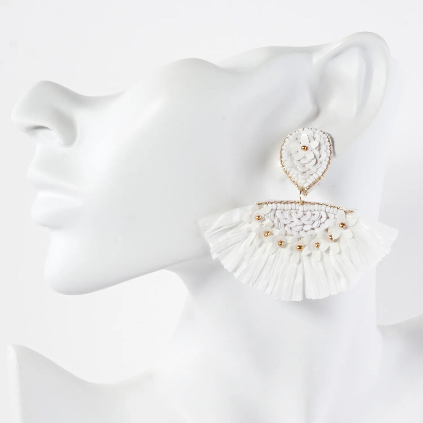 Boho Floral Raffia Fan Tassel Statement Earrings