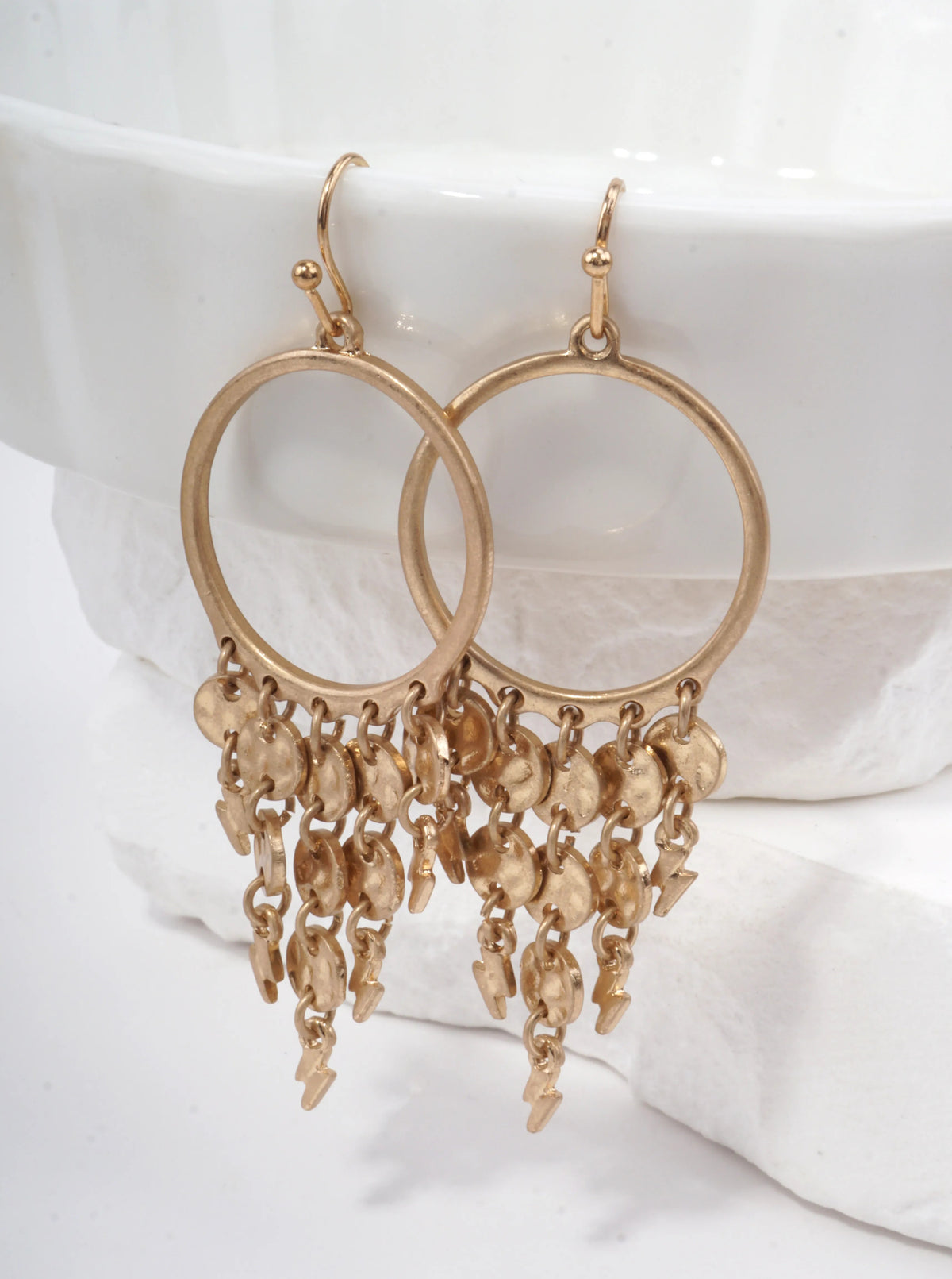 Boho Lightning Bolt Fringe Cascading Earrings - Worn Gold
