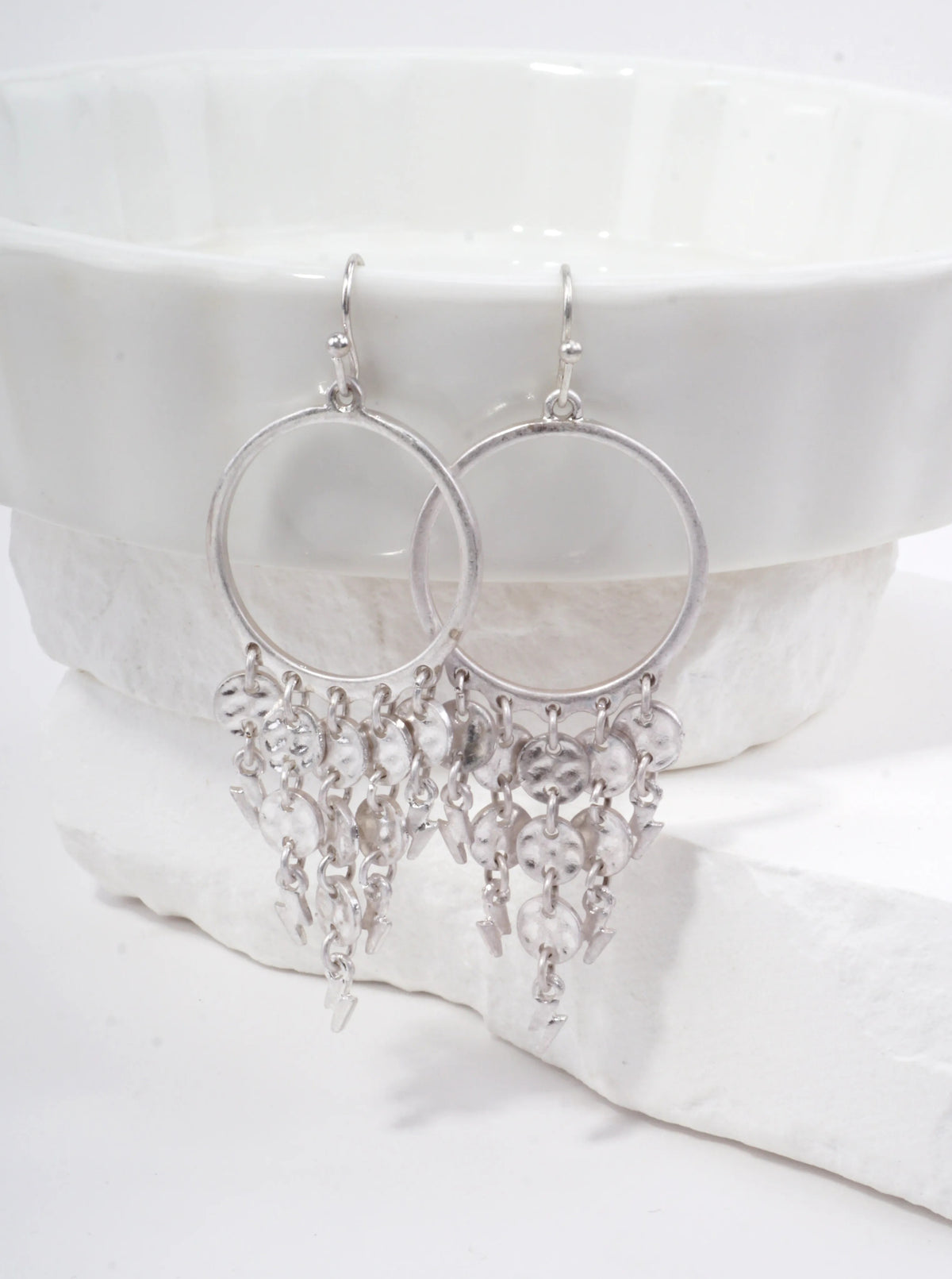 Boho Lightning Bolt Fringe Cascading Earrings - Worn Silver