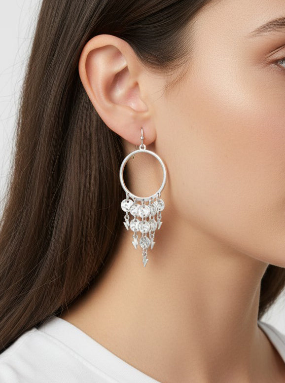 Boho Lightning Bolt Fringe Cascading Earrings - Worn Silver