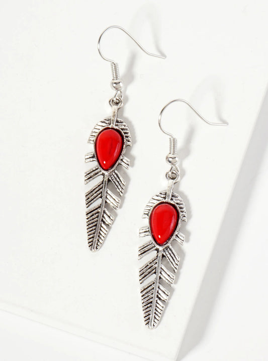 Boho Semi-Precious Natural-Stone Embedded Textured Feather Drop Earrings