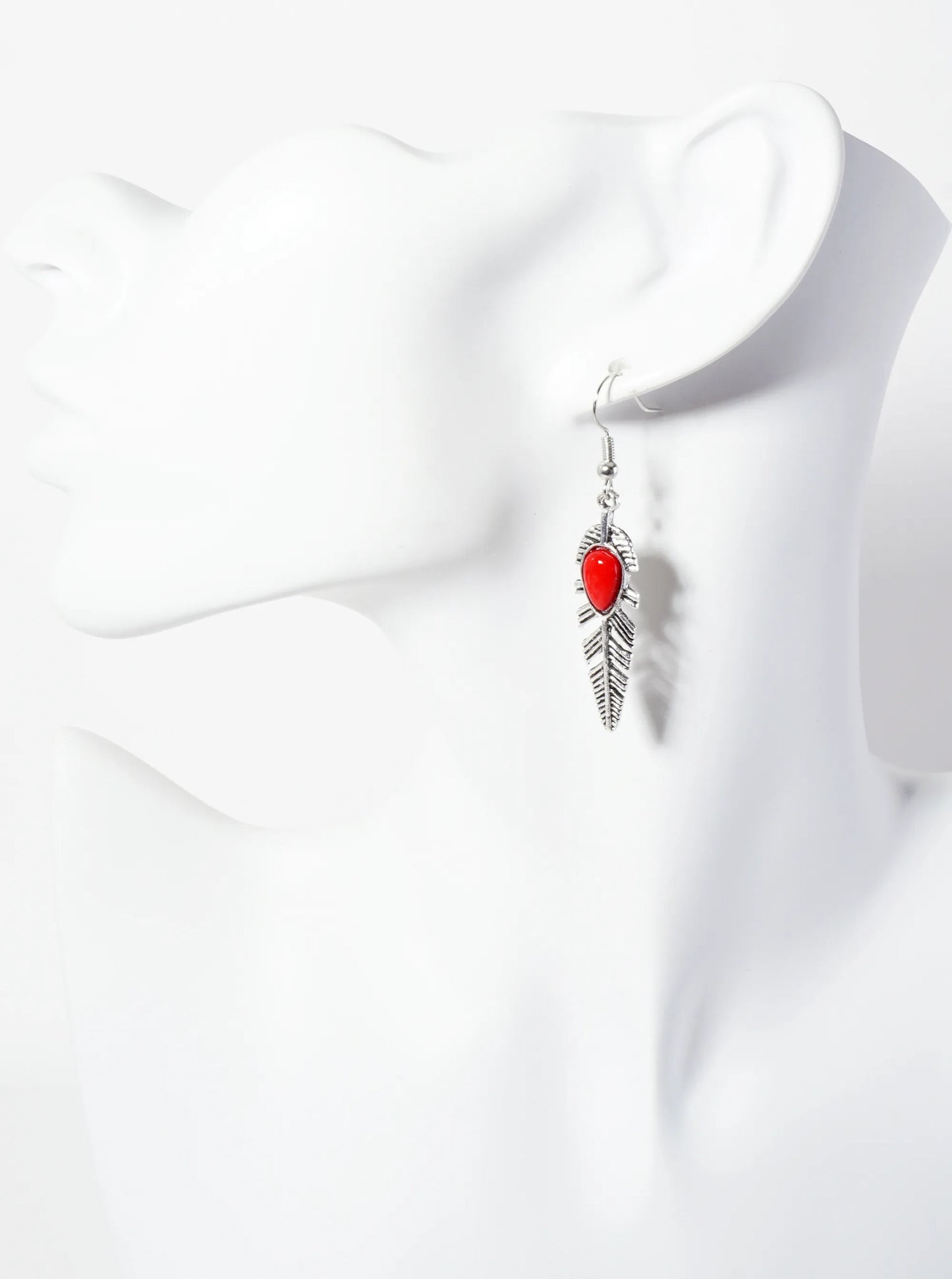 Boho Semi-Precious Natural-Stone Embedded Textured Feather Drop Earrings