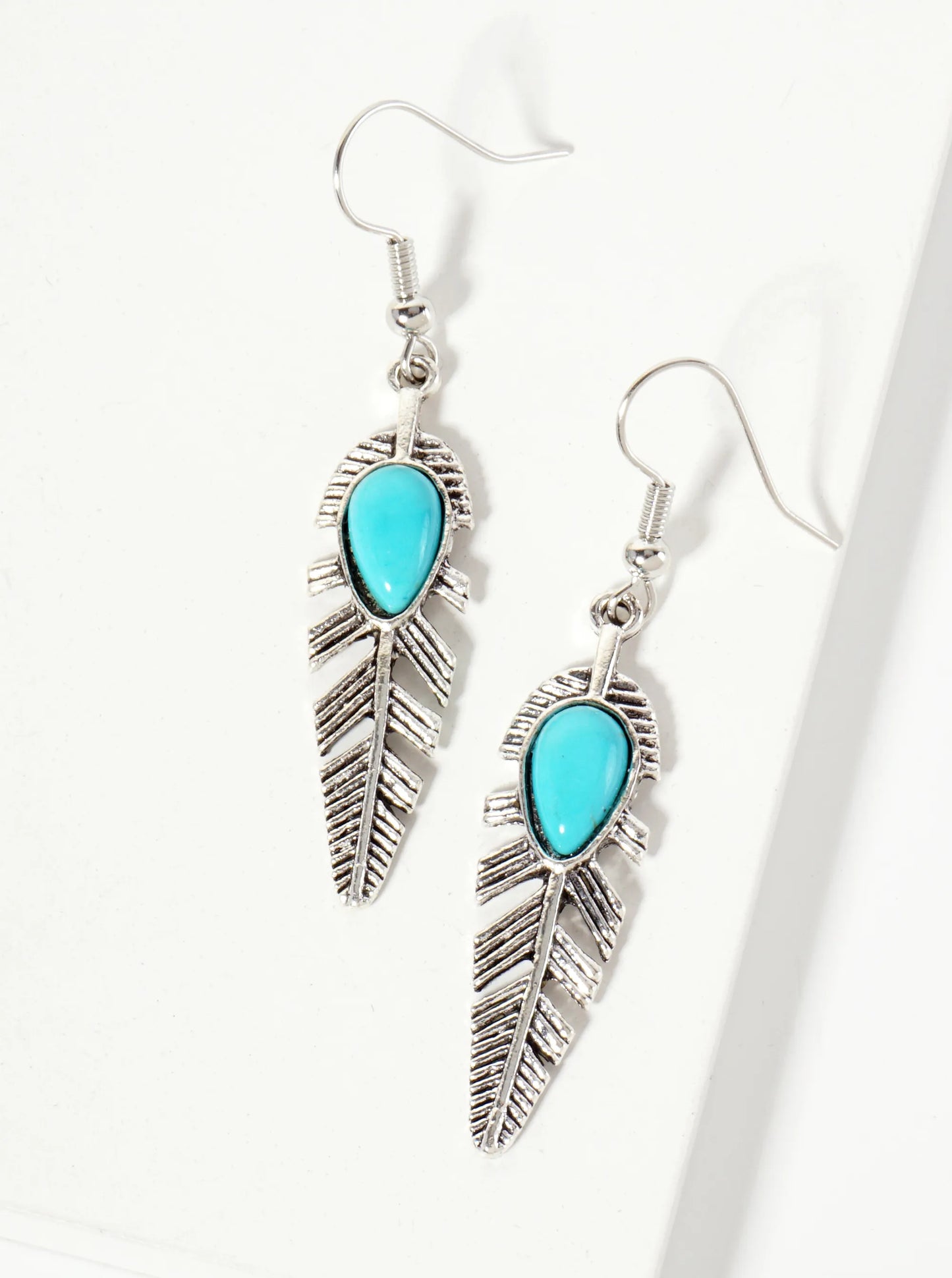 Boho Semi-Precious Natural-Stone Embedded Textured Feather Drop Earrings