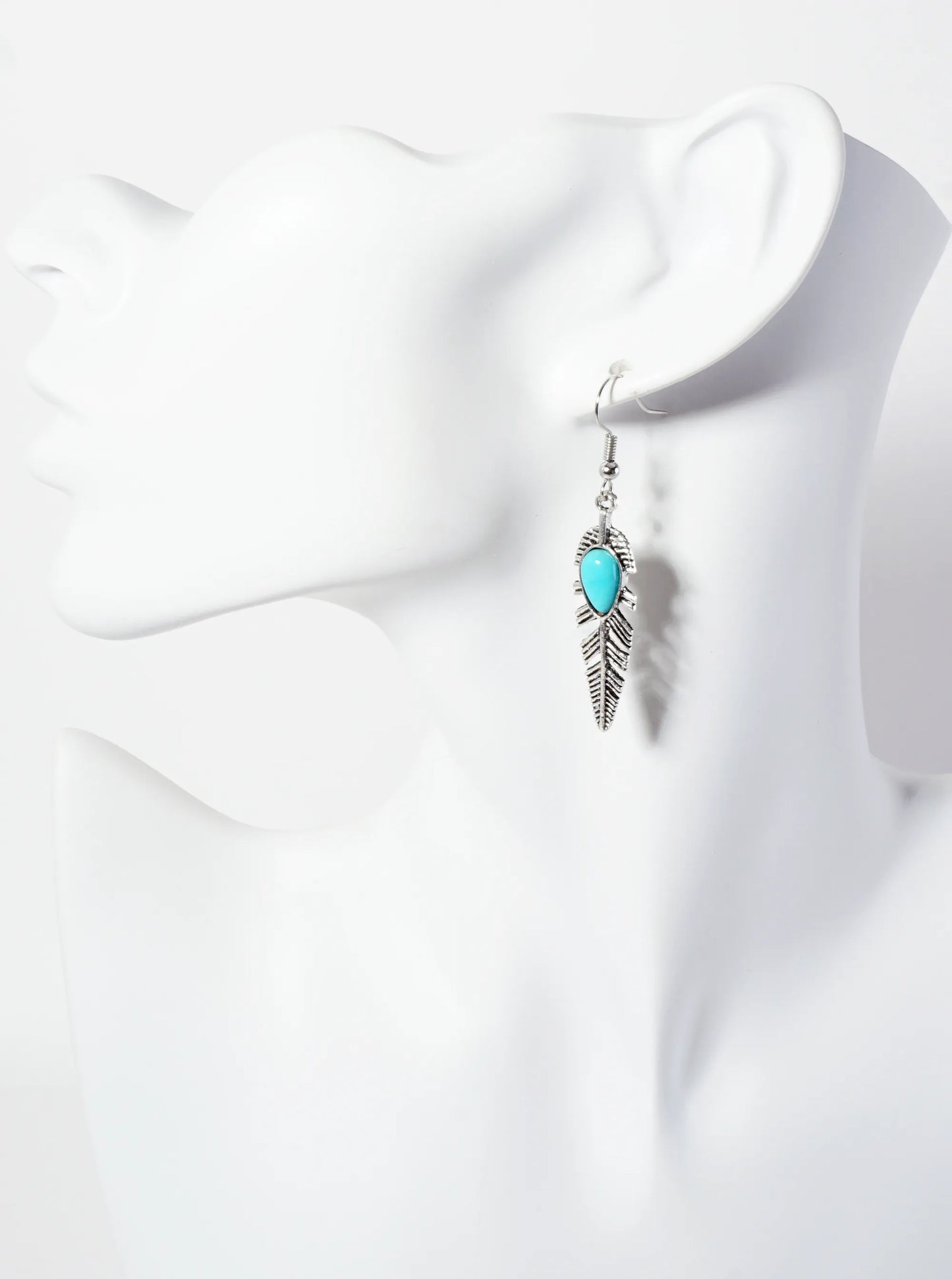 Boho Semi-Precious Natural-Stone Embedded Textured Feather Drop Earrings
