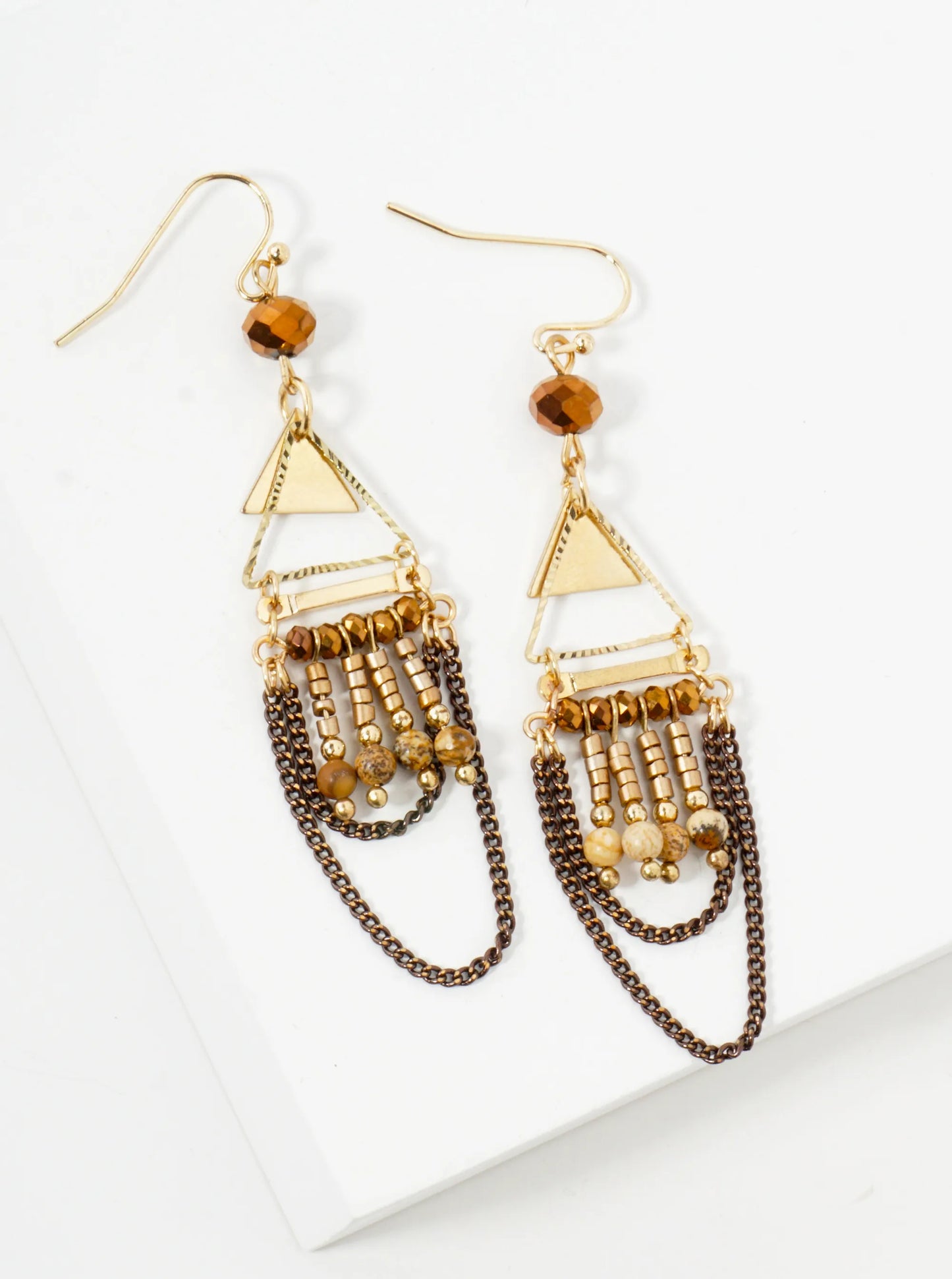 Boho Semi-Precious Natural-Stone Glass Beaded Geometric Triangle Chain Drop Earrings