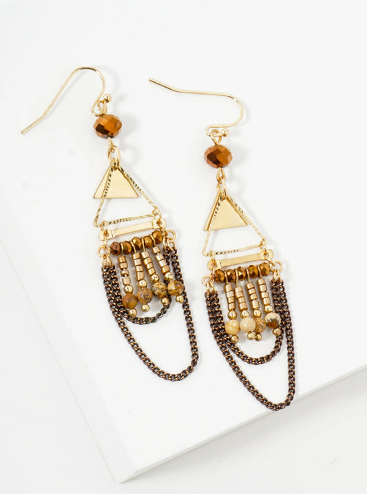 Boho Semi-Precious Natural-Stone Glass Beaded Geometric Triangle Chain Drop Earrings