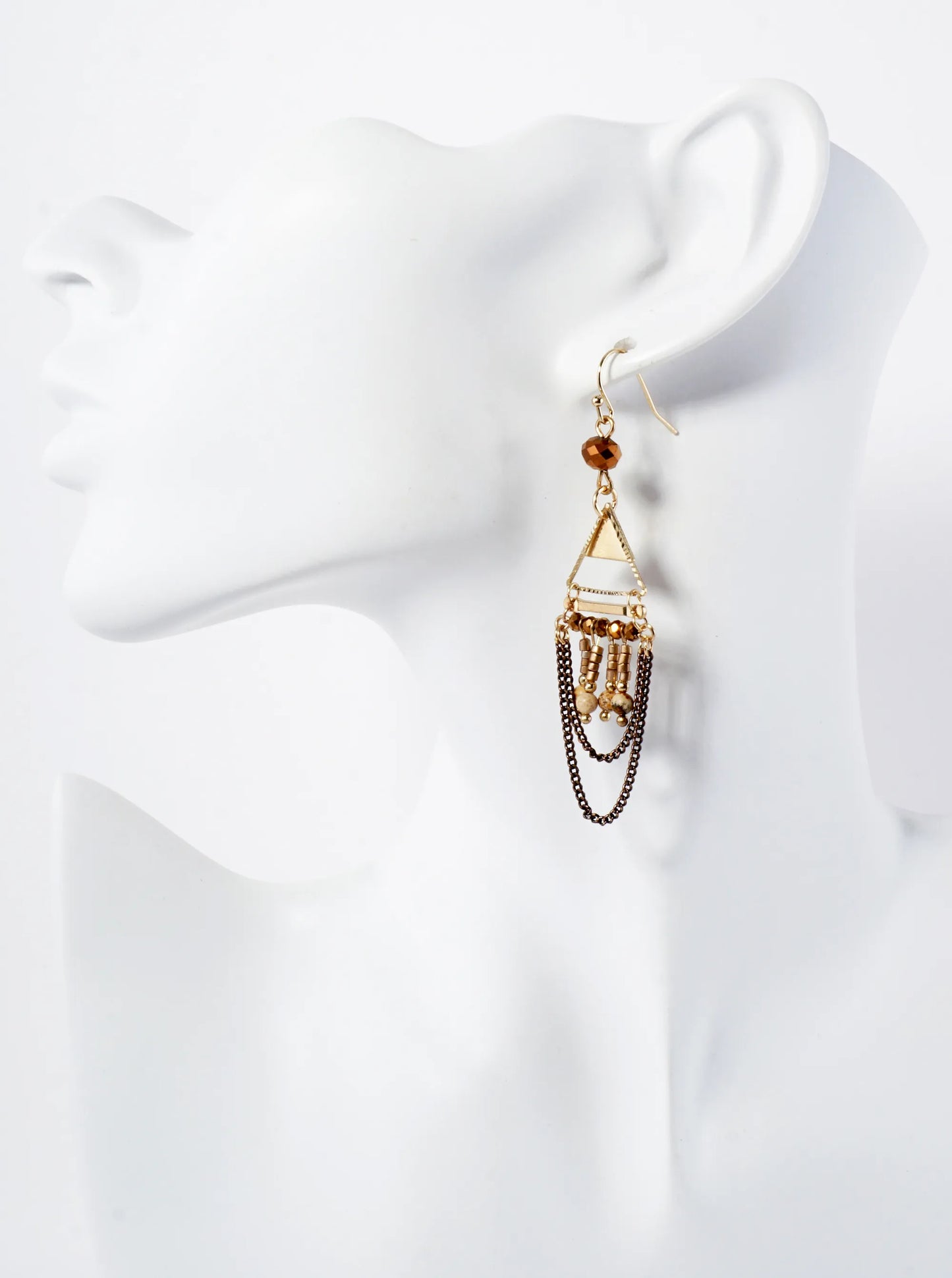 Boho Semi-Precious Natural-Stone Glass Beaded Geometric Triangle Chain Drop Earrings