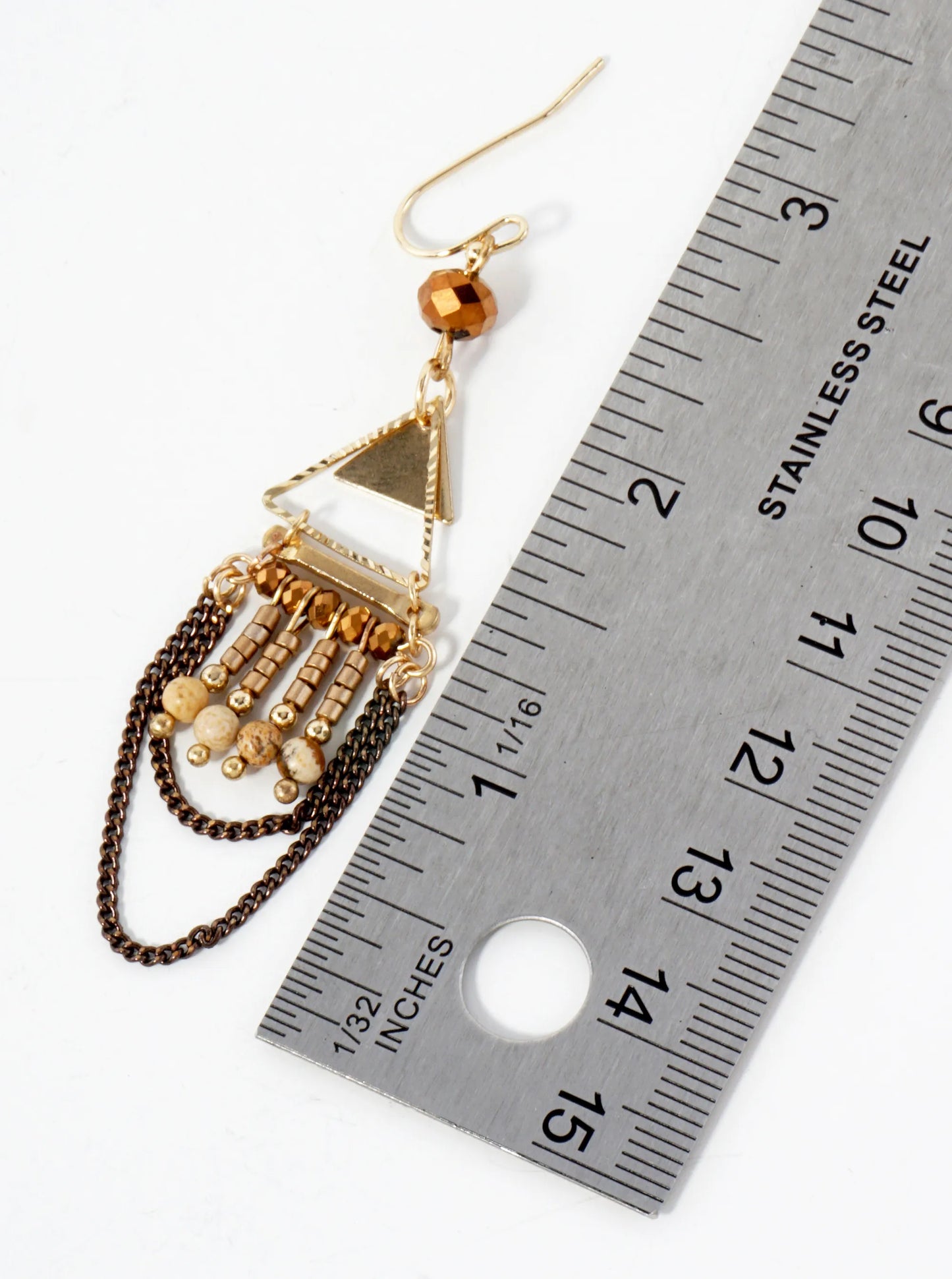 Boho Semi-Precious Natural-Stone Glass Beaded Geometric Triangle Chain Drop Earrings