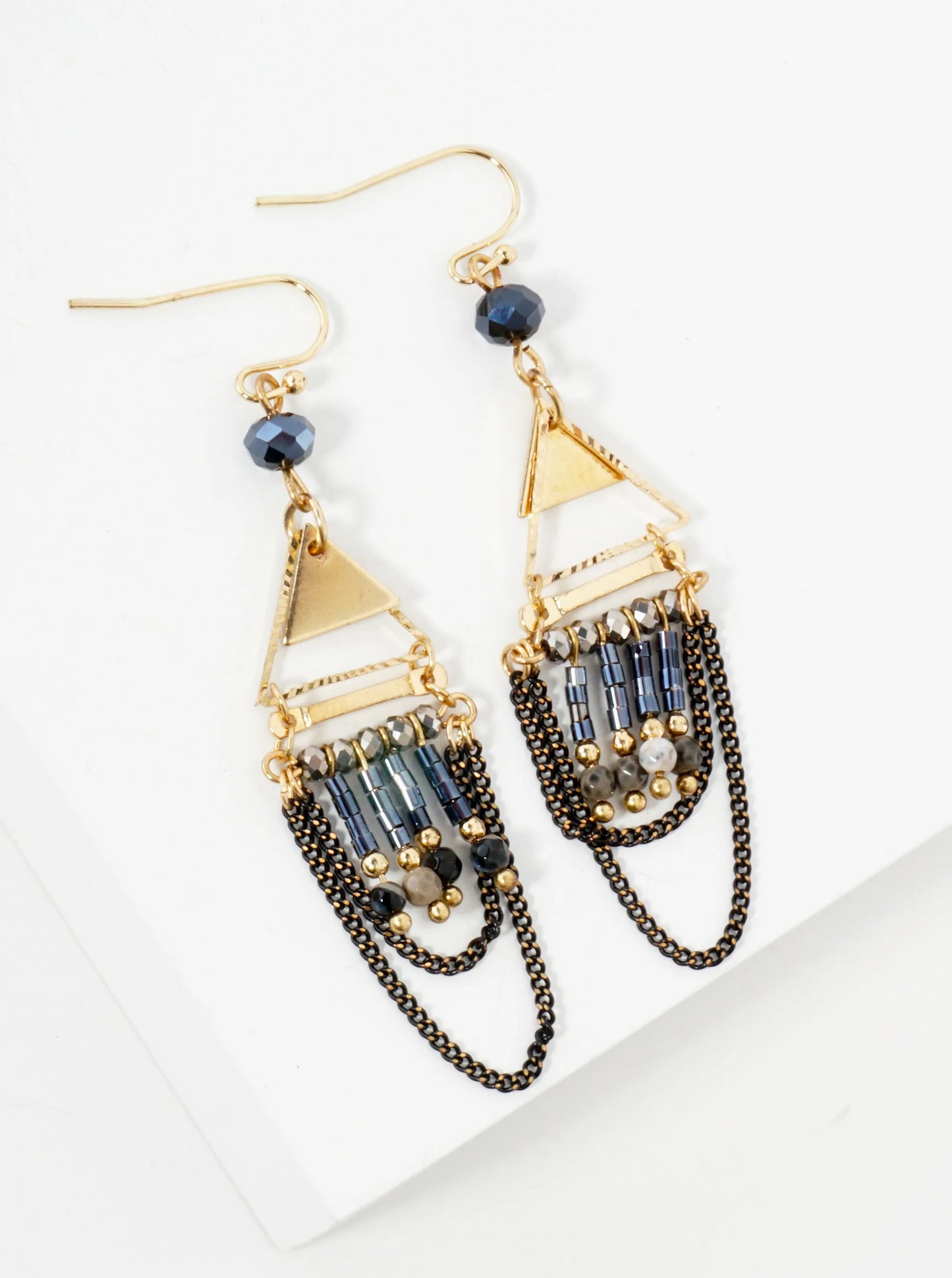 Boho Semi-Precious Natural-Stone Glass Beaded Geometric Triangle Chain Drop Earrings