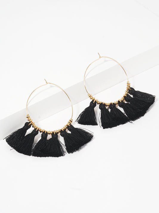 Boho Thread Fan Tassel Drop Wire Hoop Earrings