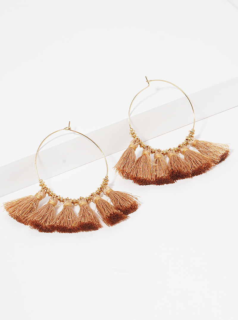 Boho Thread Fan Tassel Drop Wire Hoop Earrings