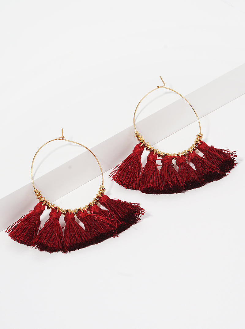 Boho Thread Fan Tassel Drop Wire Hoop Earrings