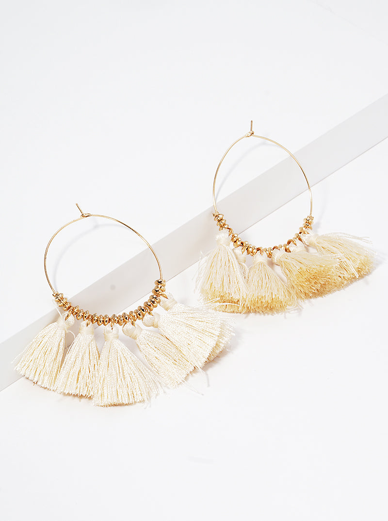 Boho Thread Fan Tassel Drop Wire Hoop Earrings