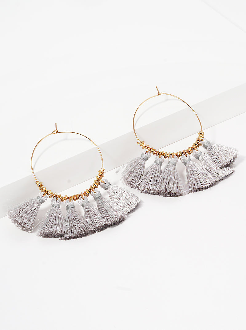 Boho Thread Fan Tassel Drop Wire Hoop Earrings