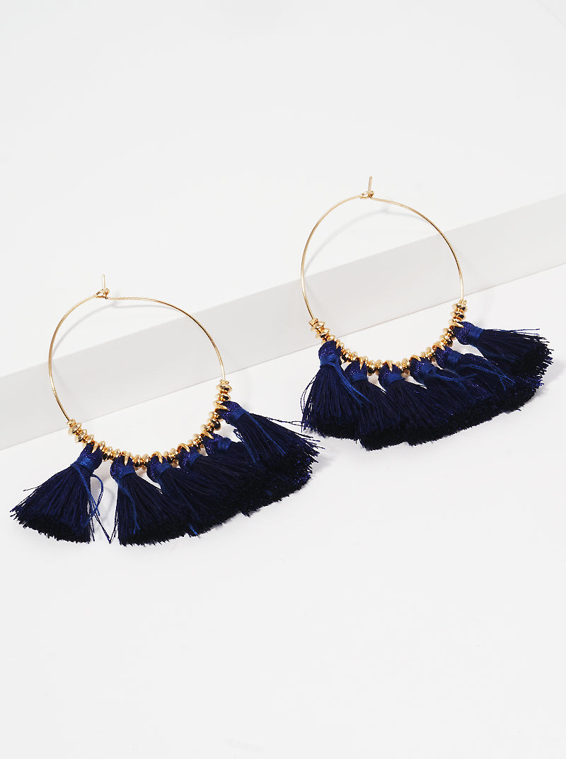 Boho Thread Fan Tassel Drop Wire Hoop Earrings