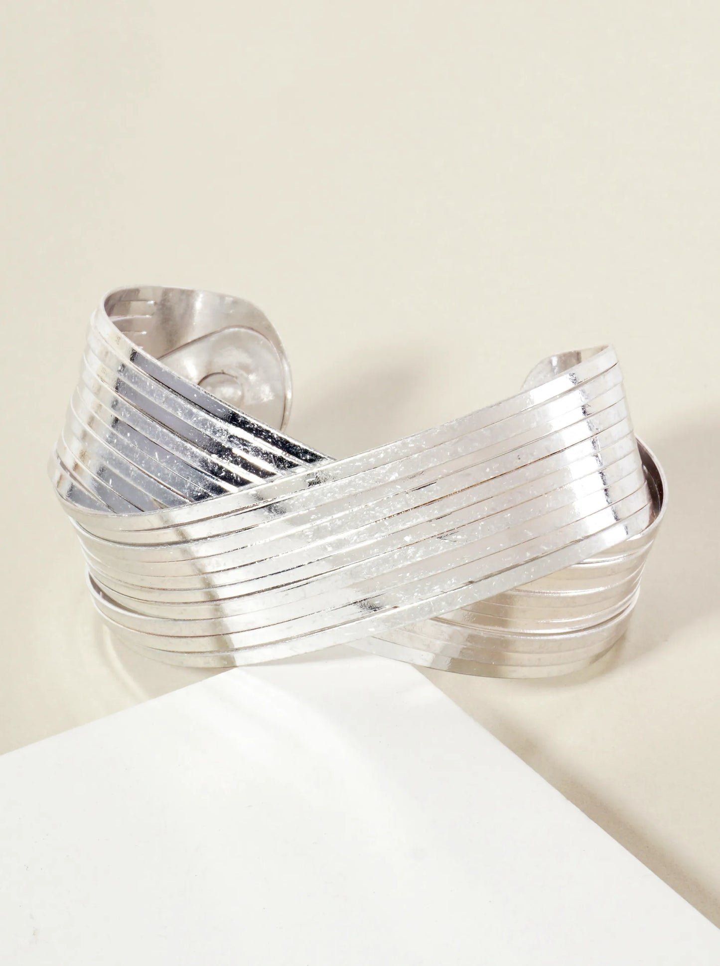 Bold Multi-Strand Metal Crossover Open Cuff Bracelet