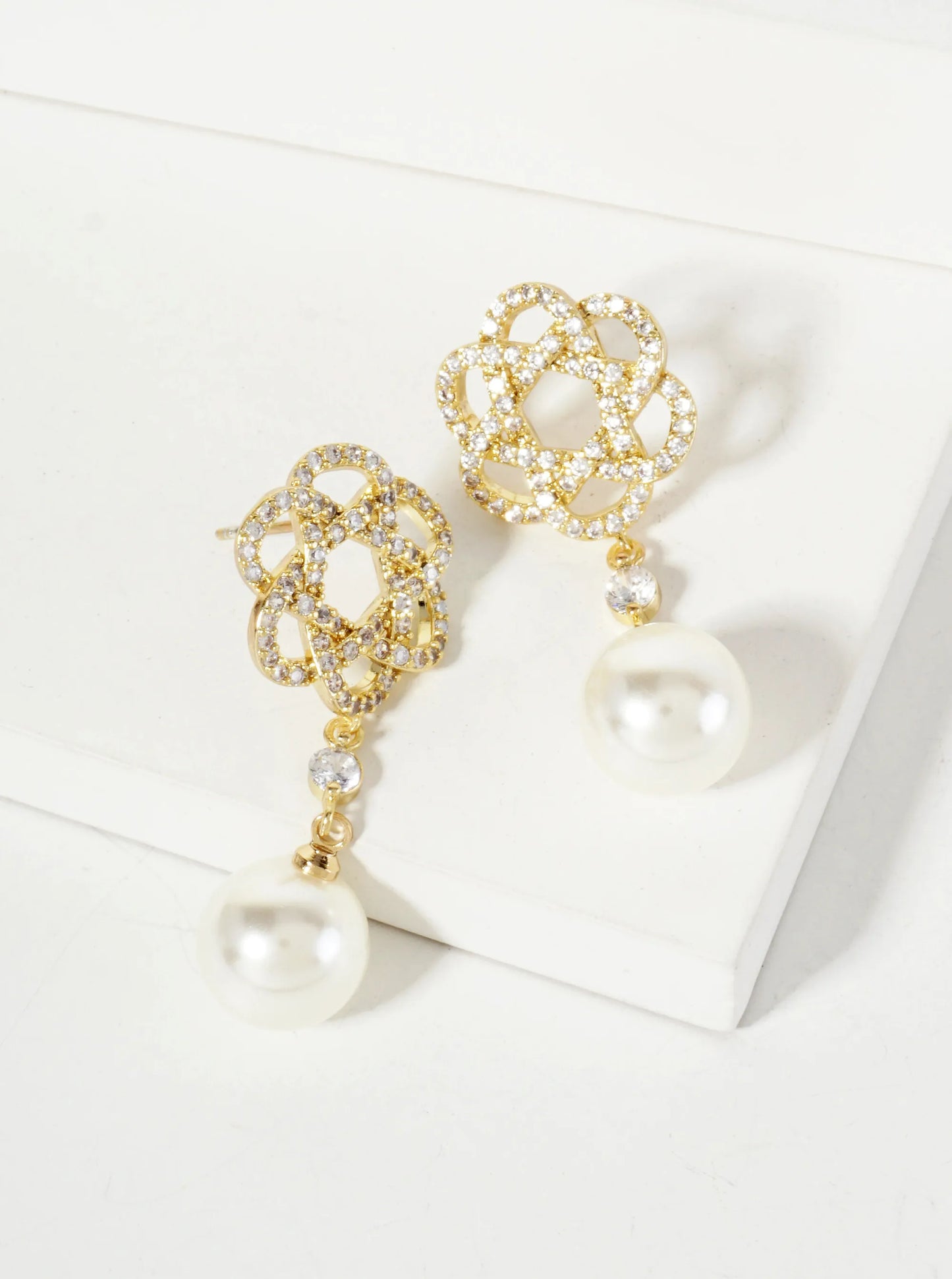 Botanical-Theme 10mm Pearl Drop Pave-Set CZ 18K-Gold-Dipped Earrings