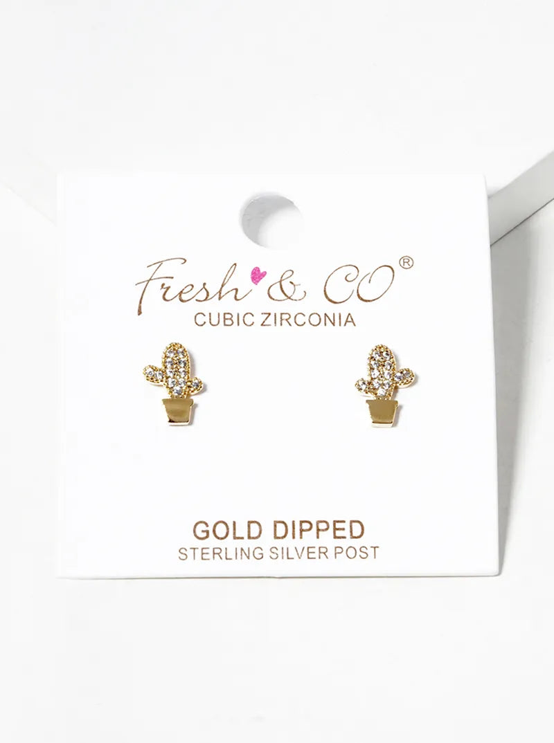 Botanical-Theme 18K-Gold-Dipped CZ Pave Cactus Post Stud Earrings