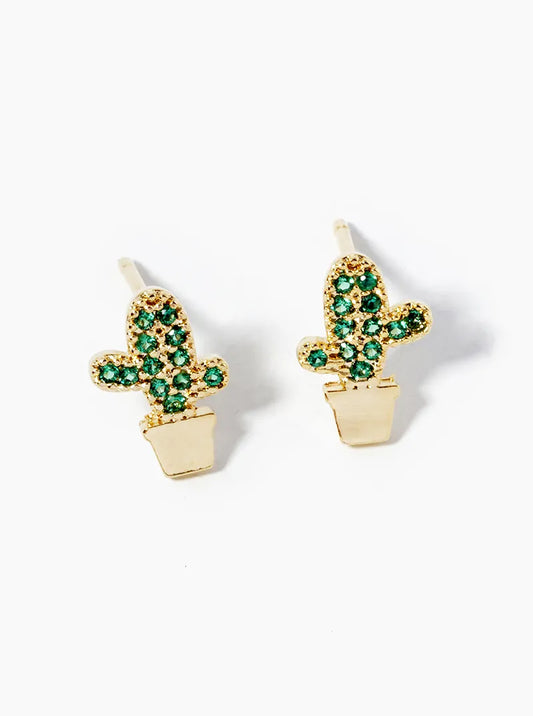 Botanical-Theme 18K-Gold-Dipped CZ Pave Cactus Post Stud Earrings