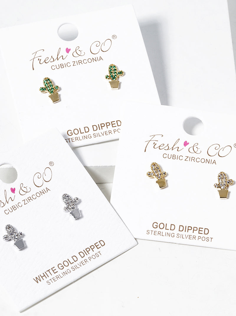 Botanical-Theme 18K-Gold-Dipped CZ Pave Cactus Post Stud Earrings