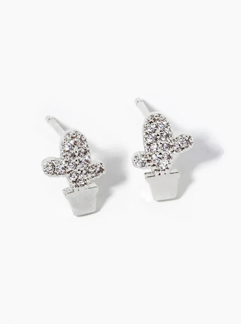 Botanical-Theme 18K-Gold-Dipped CZ Pave Cactus Post Stud Earrings