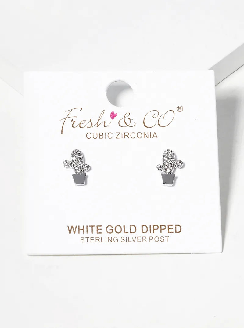 Botanical-Theme 18K-Gold-Dipped CZ Pave Cactus Post Stud Earrings