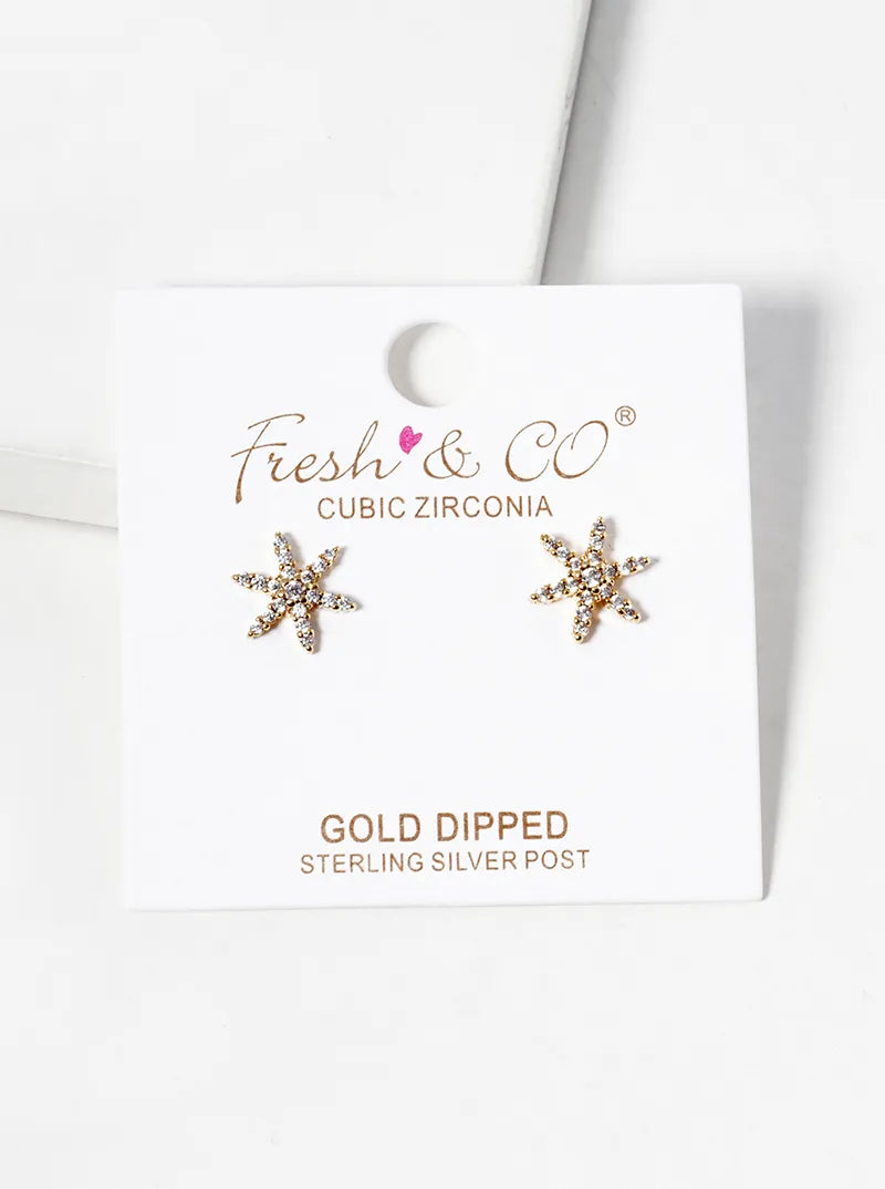 Botanical-Theme 18K-Gold-Dipped CZ Pave Flower Post Stud Earrings
