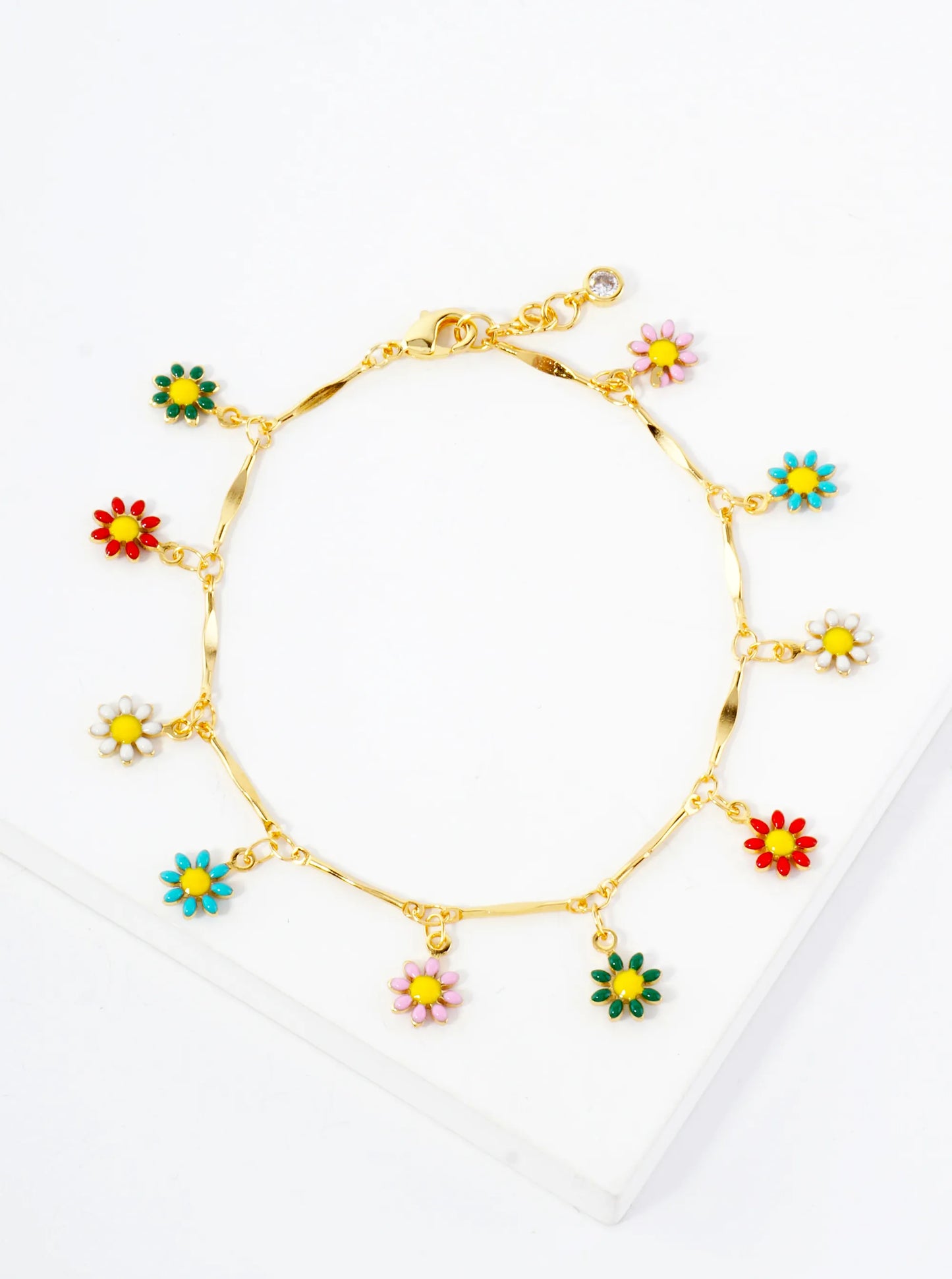 Botanical-Theme 18K-Gold-Dipped Chain Bracelet With Enamel Flower Charms
