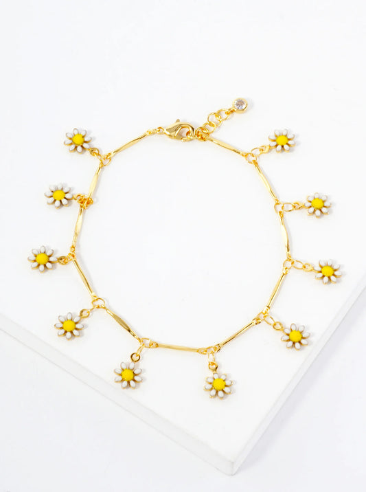 Botanical-Theme 18K-Gold-Dipped Chain Bracelet With Enamel Flower Charms