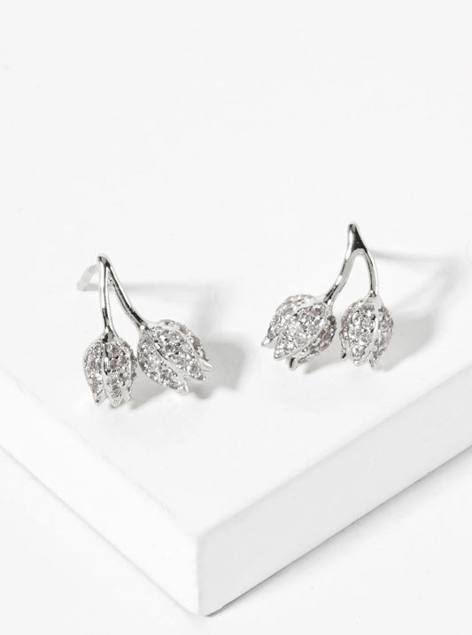 Botanical-Theme 18K-Gold-Dipped Pave-Set Cubic-Zirconia Tulip Flower Stud Earrings