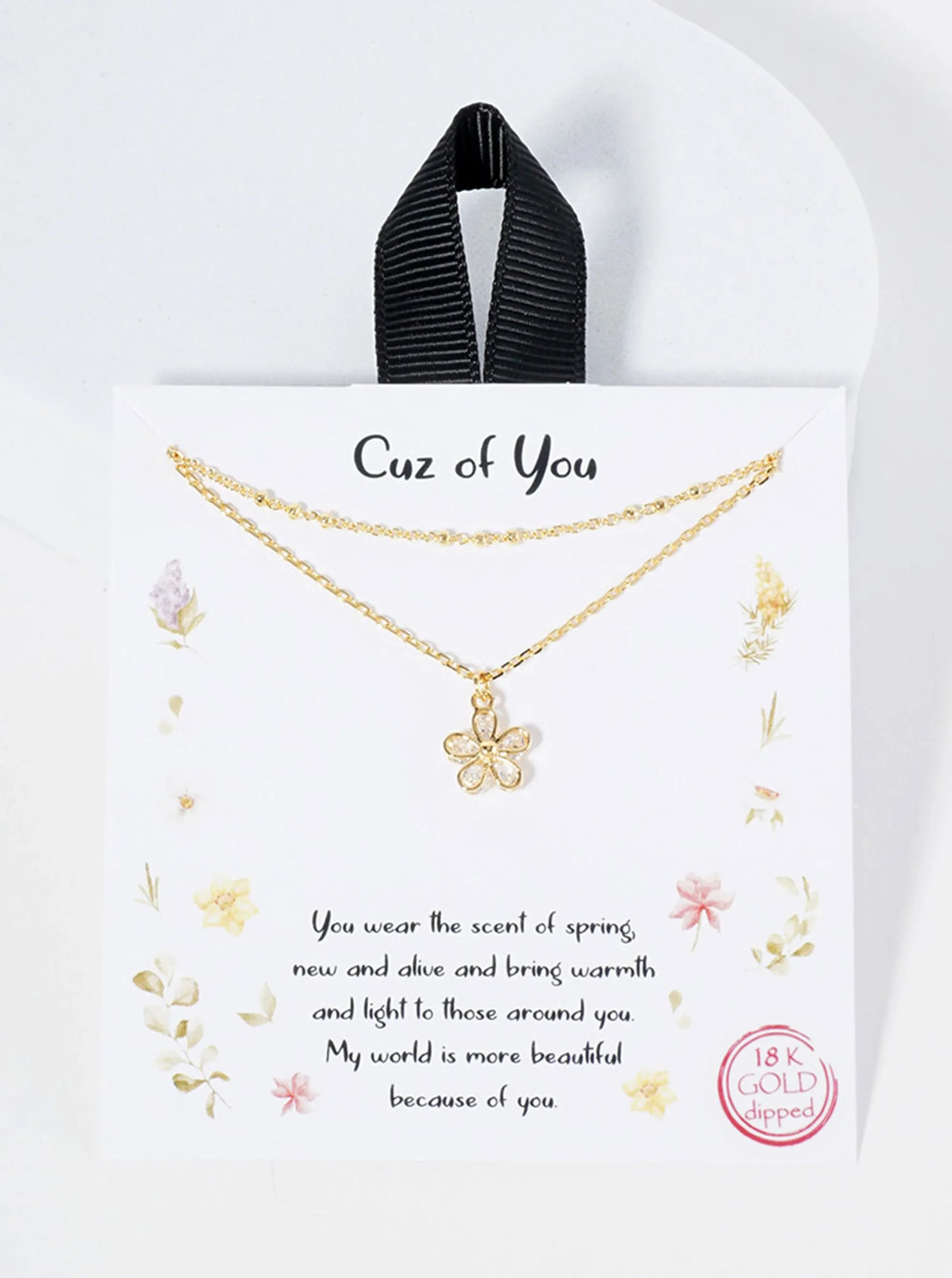 Botanical-Theme 18K-Gold-Dipped Wire Flower With CZ-Stones Pendant Layered Necklace
