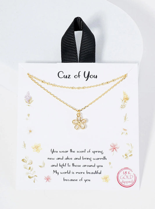 Botanical-Theme 18K-Gold-Dipped Wire Flower With CZ-Stones Pendant Layered Necklace