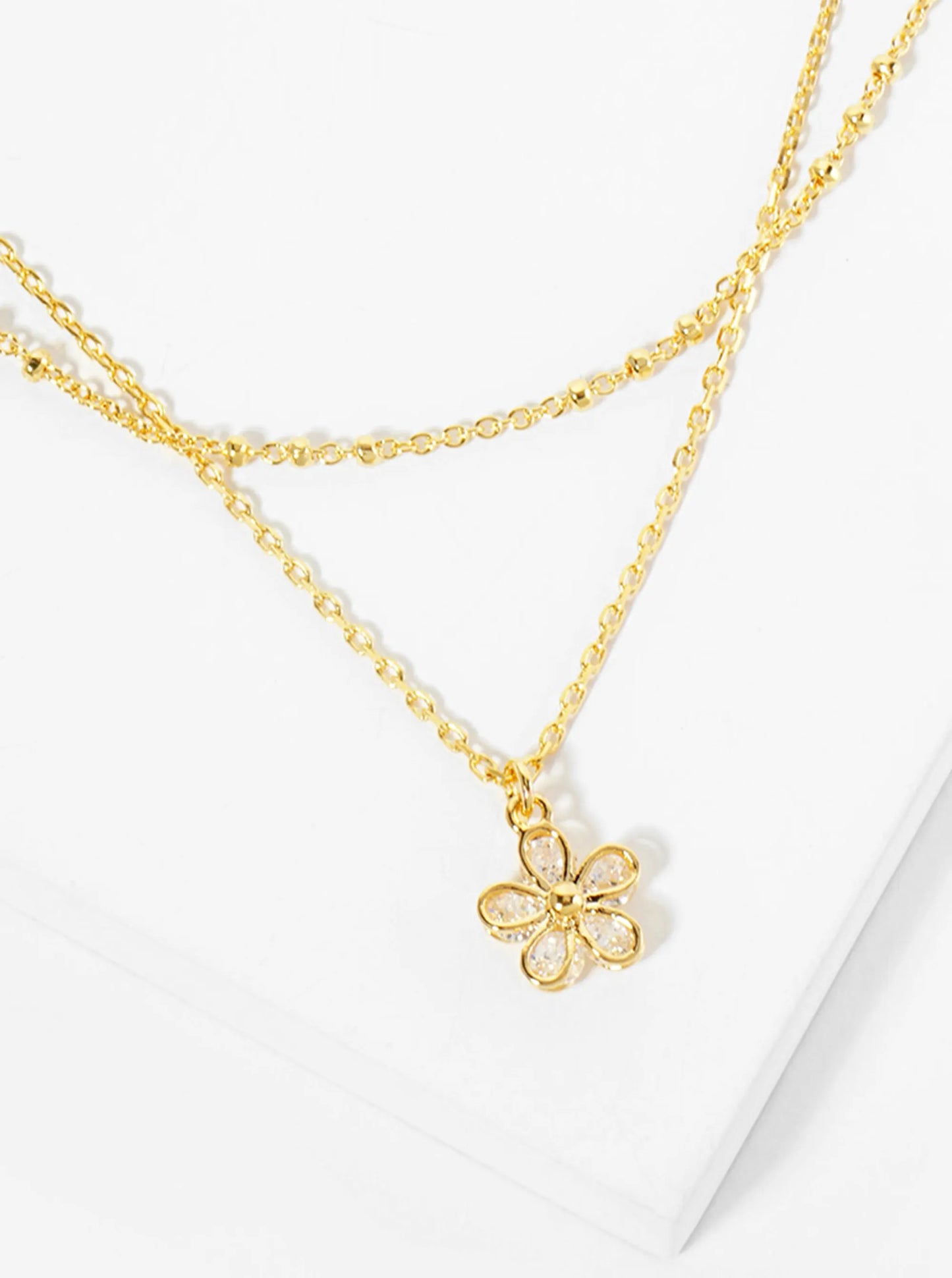 Botanical-Theme 18K-Gold-Dipped Wire Flower With CZ-Stones Pendant Layered Necklace