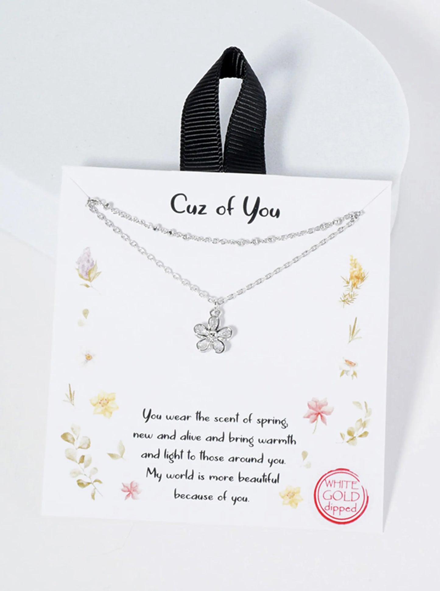 Botanical-Theme 18K-Gold-Dipped Wire Flower With CZ-Stones Pendant Layered Necklace