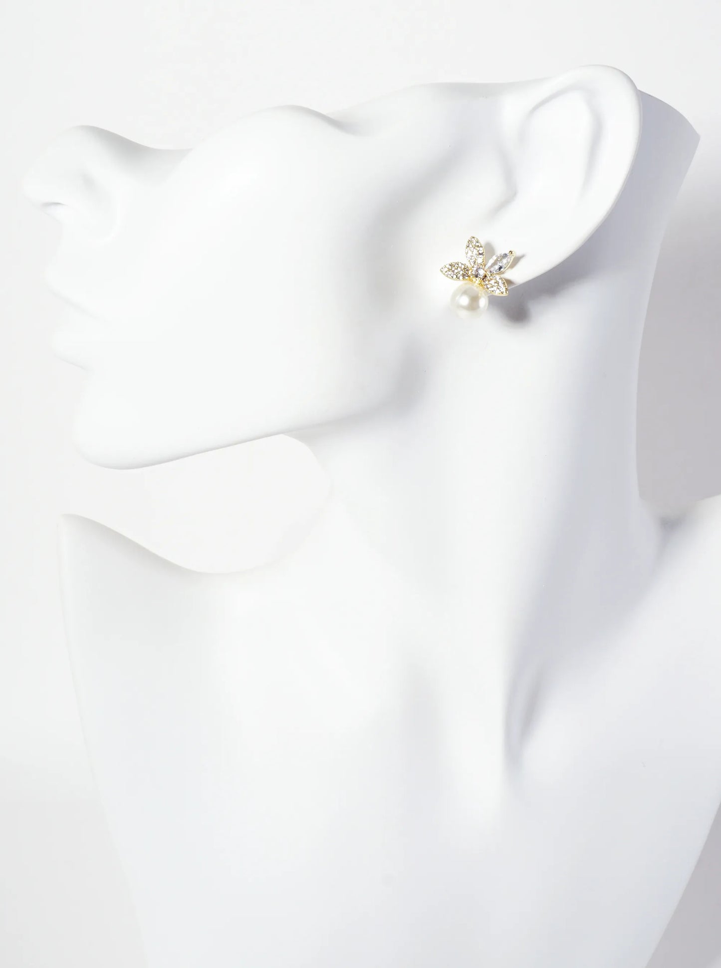 Botanical-Theme 8mm Pearl Drop Pave-Set Cubic-Zirconia 18K-Gold-Dipped Flower Stud Earrings