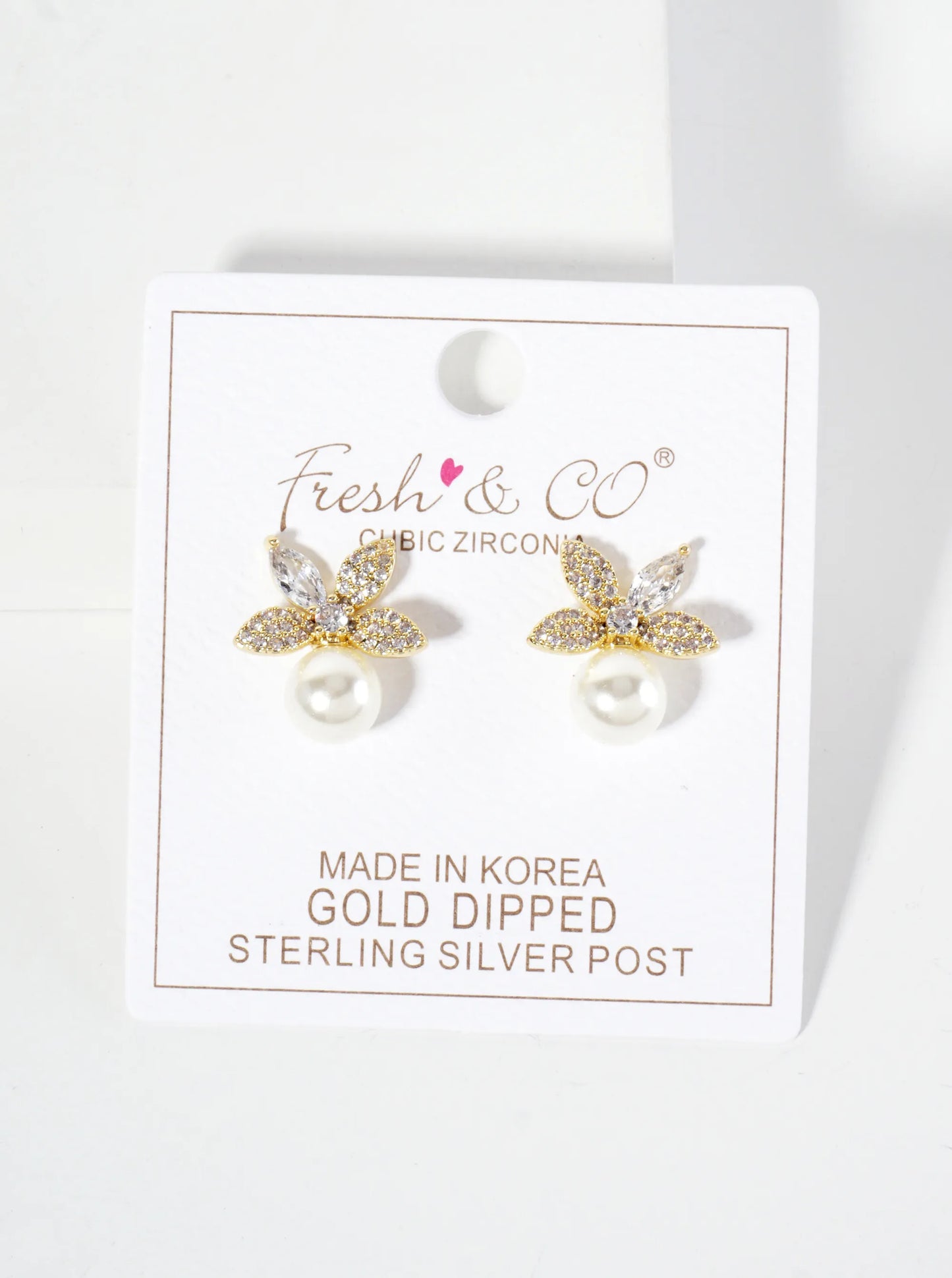 Botanical-Theme 8mm Pearl Drop Pave-Set Cubic-Zirconia 18K-Gold-Dipped Flower Stud Earrings