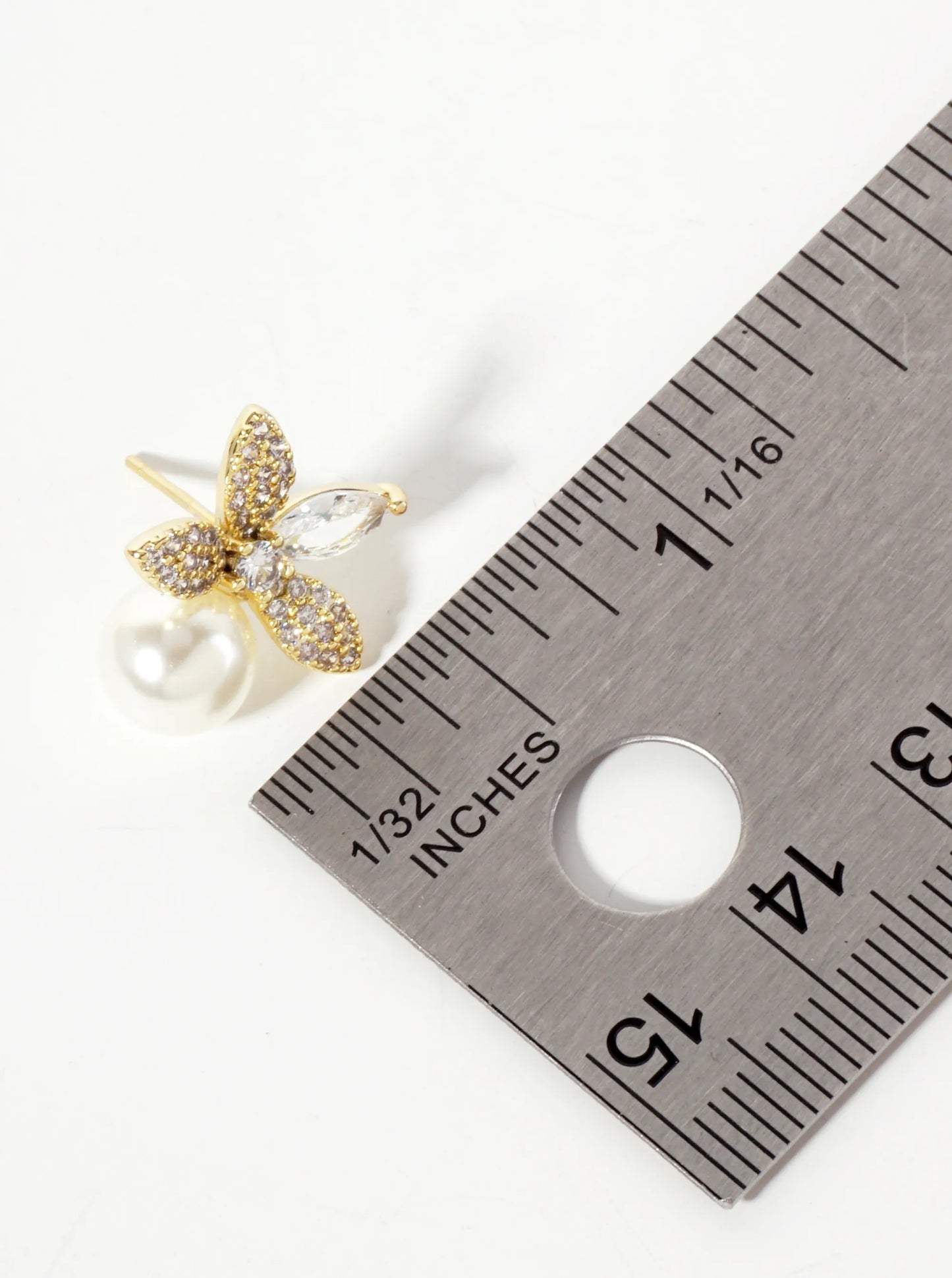 Botanical-Theme 8mm Pearl Drop Pave-Set Cubic-Zirconia 18K-Gold-Dipped Flower Stud Earrings