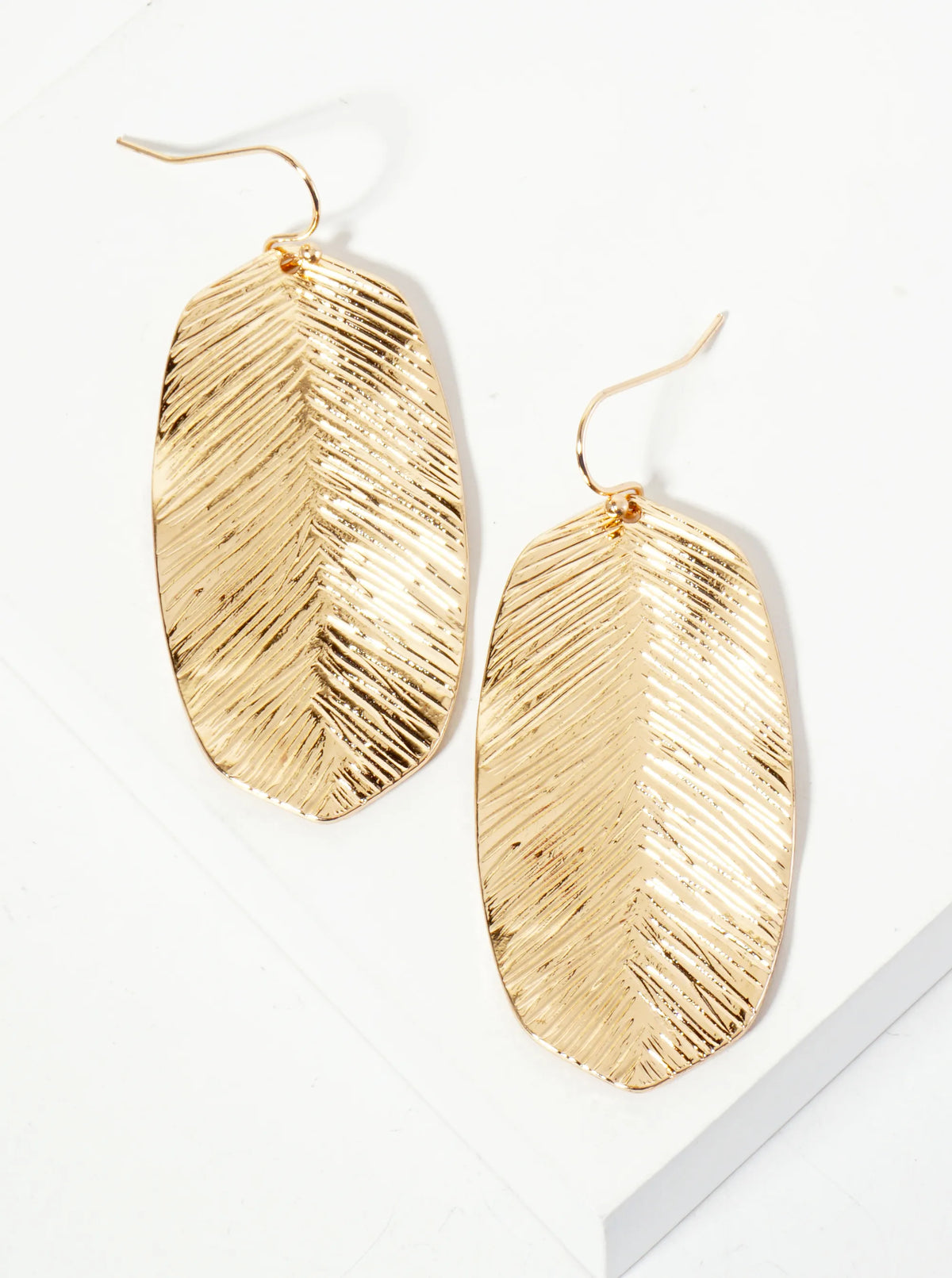Botanical-Theme Brushed-Texture Leaf Design Hexagon Drop Earrings