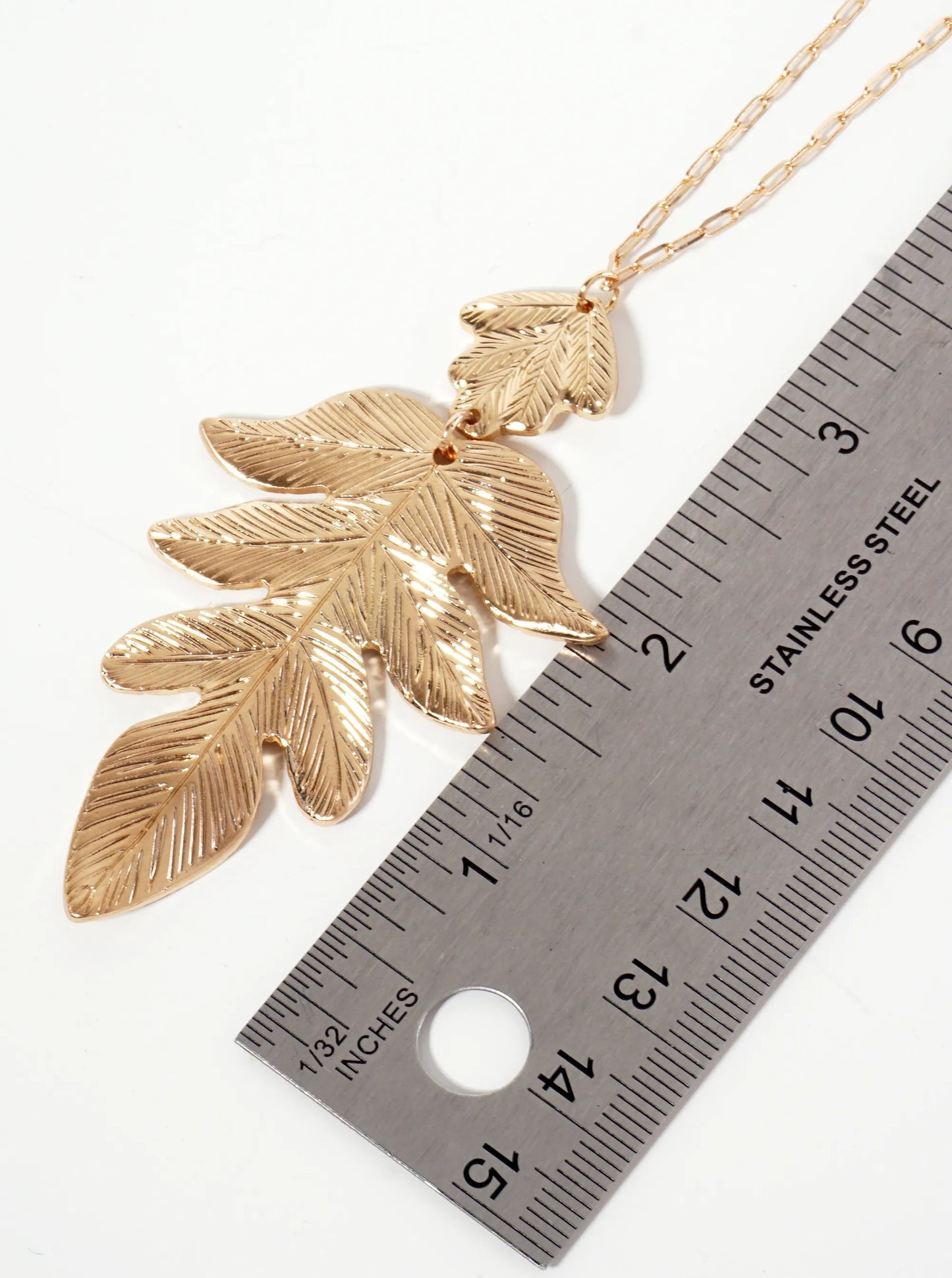 Botanical-Theme Brushed-Texture Leaf Pendant 30-inch Long Necklace