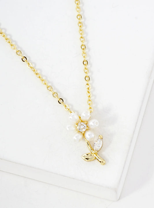 Botanical-Theme CZ Pearl Flower Pendant 18K-Gold-Dipped Necklace