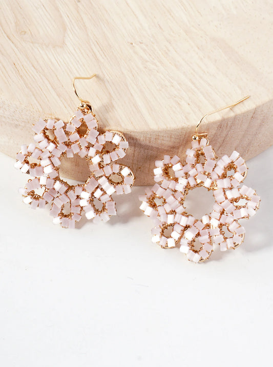 Botanical-Theme Cylinder Glass Beads Wire-Wrapped Floral Flower Dangle Earrings