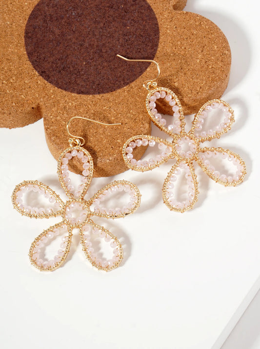 Botanical-Theme Faceted-Glass-Beads Wire-Wrapped Flower-Shaped Dangle Earrings