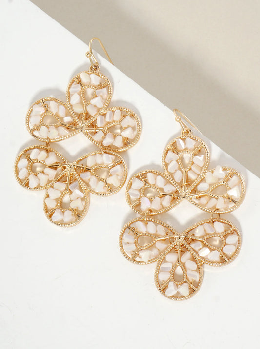 Botanical-Theme Faceted-Glass-Beads Wire-Wrapped Statement Earrings Ivory