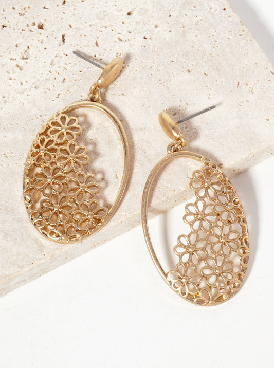 Botanical-Theme Filigree Flower Design Set Within Oval Frame Dangle Post Earrings
