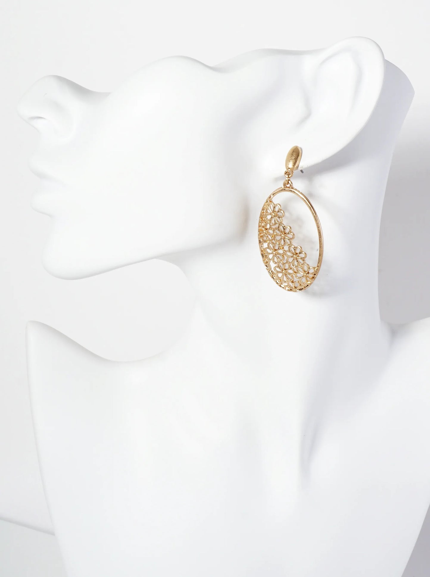 Botanical-Theme Filigree Flower Design Set Within Oval Frame Dangle Post Earrings