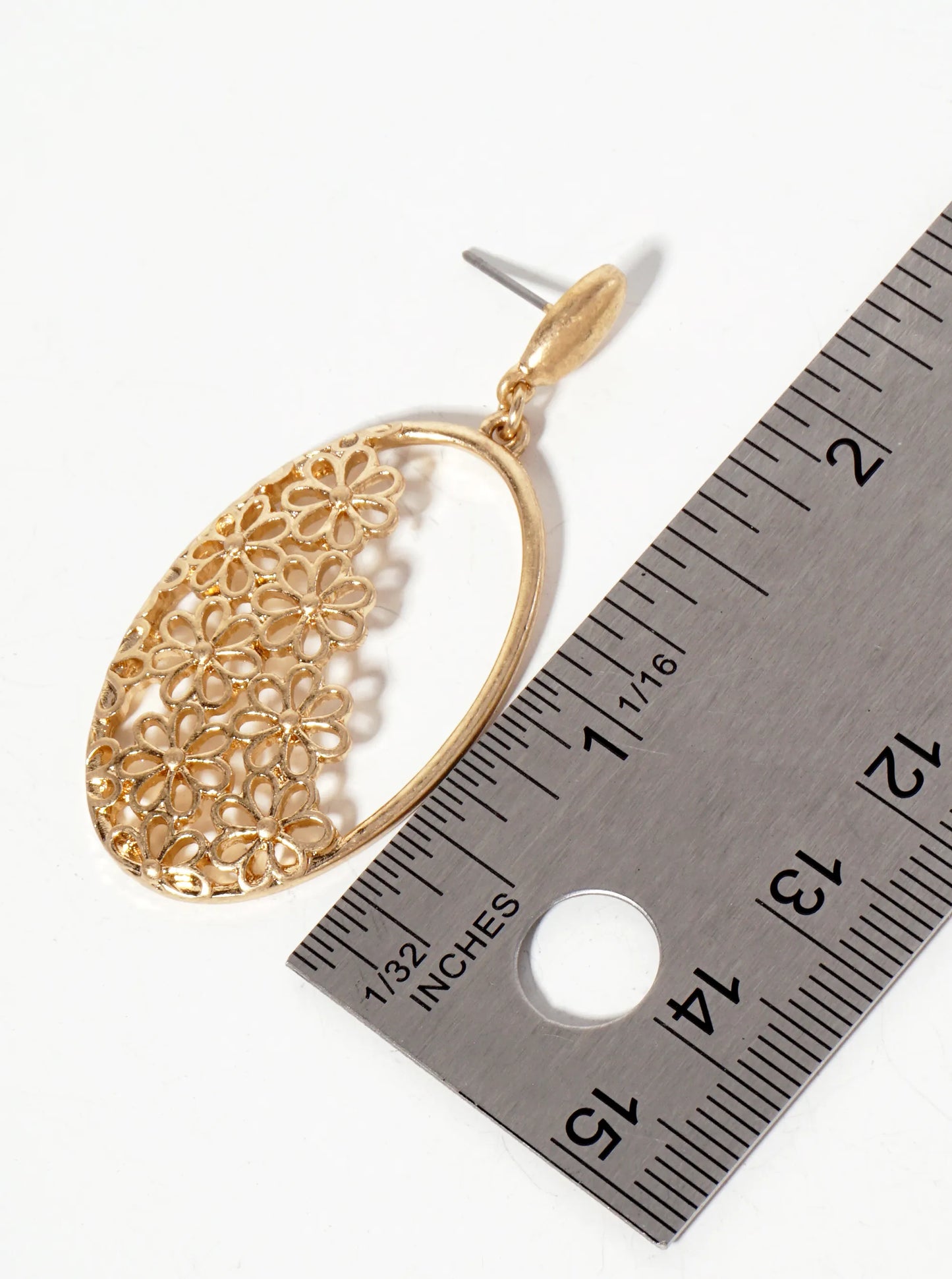 Botanical-Theme Filigree Flower Design Set Within Oval Frame Dangle Post Earrings