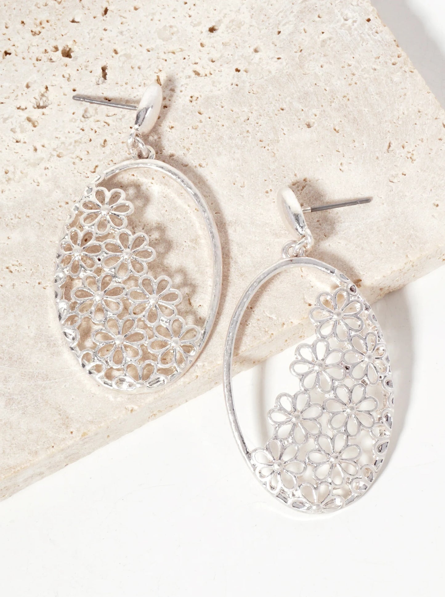 Botanical-Theme Filigree Flower Design Set Within Oval Frame Dangle Post Earrings