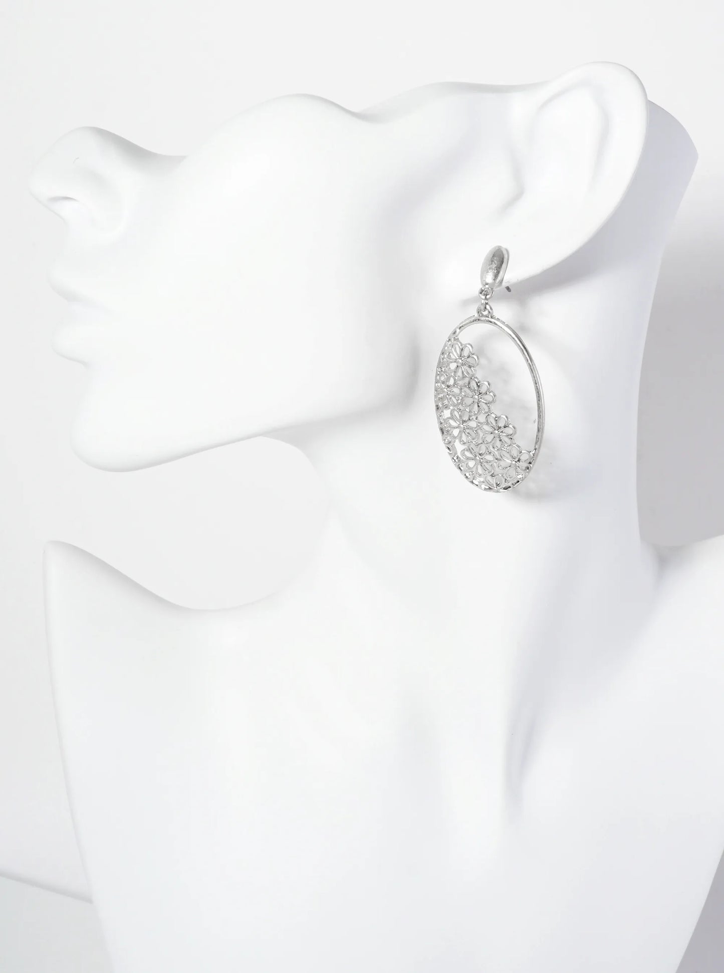 Botanical-Theme Filigree Flower Design Set Within Oval Frame Dangle Post Earrings