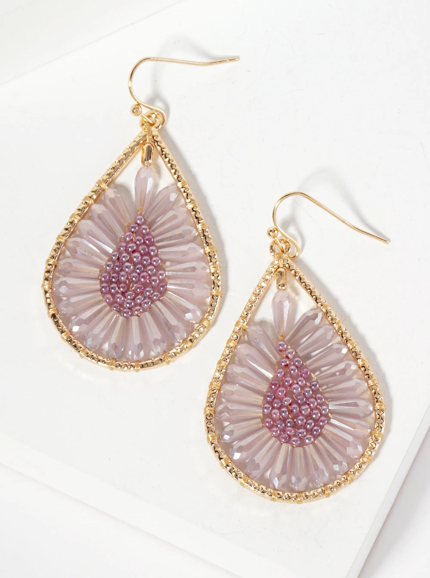 Botanical-Theme Flower-Motif Glass-Beaded Teardrop Dangle Earrings